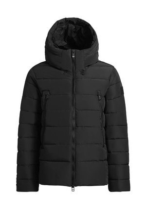 Giubbotto invernale imbottito nero con cappuccio, zip frontale, due tasche verticali con zip e maniche lunghe.