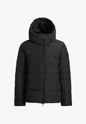 Giubbotto invernale imbottito nero con cappuccio, zip frontale, due tasche verticali con zip e maniche lunghe.