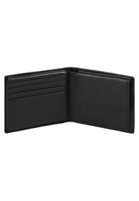 Black leather wallet with a textured exterior, featuring multiple card slots and a compartment for additional cards or cash inside.