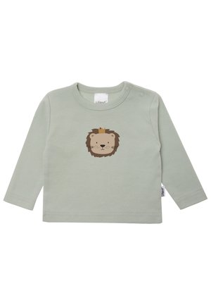 Baby-Langarmshirt in Hellgrün mit einem lächelnden Löwengesicht mit kleiner Krone, mittig bedruckt.