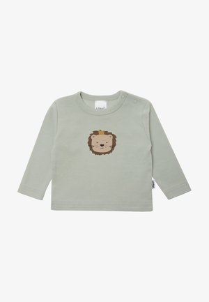 Baby's long-sleeve light green shirt with a smiling lion face wearing a small crown printed in the center.