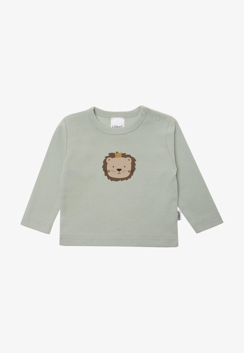 Baby-Langarmshirt in Hellgrün mit einem lächelnden Löwengesicht mit kleiner Krone, mittig bedruckt.