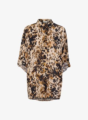 Beige, pruuni ja musta leopardimustriga nööbid üles pluus. Pehme kangas, lõdva istuvusega ja rulli varrukatega ning ümar äär.