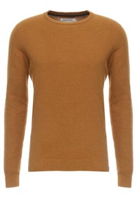 Mans långärmad crewneck tröja i texturerad kamelbrun stickad tyg med ribbade ärmslut och nederkant.