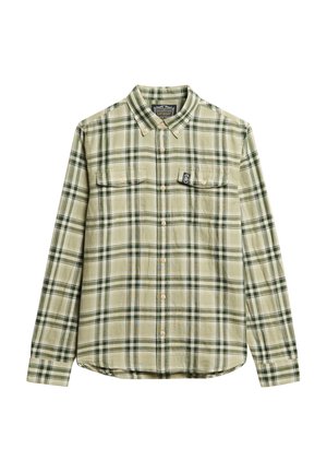 Grøn og beige ternet skjorte med lange ærmer, knap-agtig krave, to brystlommer og mærke på den venstre lomme.