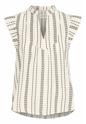 White top with black vertical stripes, featuring a V-neck and short ruffled sleeves. Soft fabric with a relaxed fit and rounded hem.