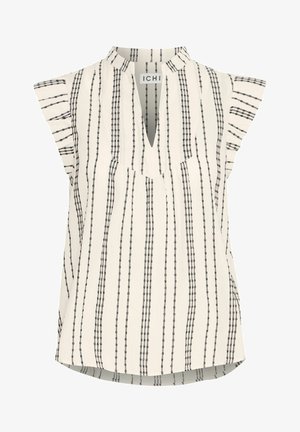 Weißes Oberteil mit schwarzen vertikalen Streifen, ausgestattet mit einem V-Ausschnitt und kurzen, gerafften Ärmeln. Weicher Stoff mit lockerer Passform und abgerundetem Saum.