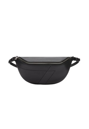 Schwarze Lederhandtasche mit einem geschwungenen Design, ausgestattet mit einem Reißverschluss, einem verstellbaren Riemen und geometrischen gesteppten Details.