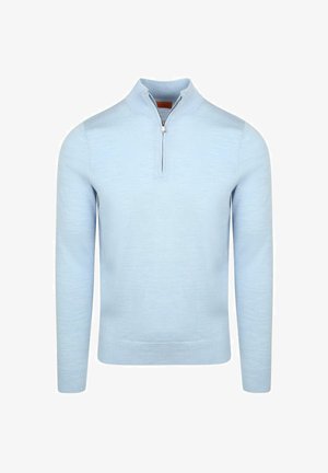 Light blue long-sleeve sweater with a quarter-zip collar, ribbed cuffs, and waistband, displayed on a plain white background.