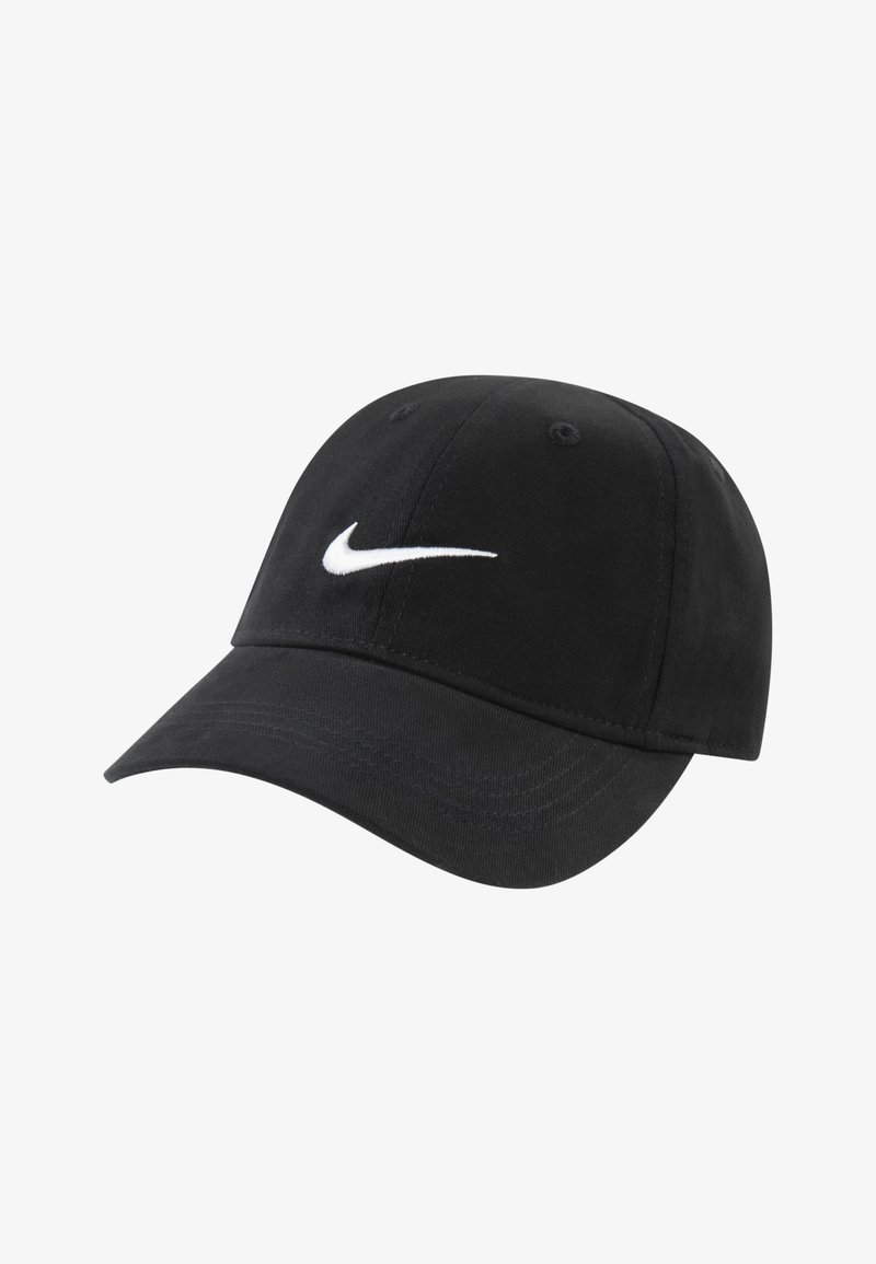 Cappellino da baseball in cotone nero con visiera curva e logo Nike ricamato bianco sul davanti. Presenta sei fori di ventilazione.