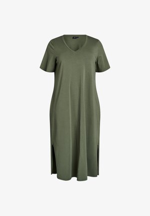 Oliwkowo-zielona sukienka do kolan z dekoltem w szpic, krótkimi rękawami i rozcięciami po bokach, na białym tle.