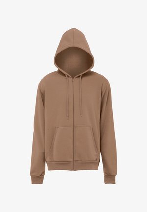 Hnědá mikina na zip vyrobená z měkké tkaniny, s kapucí, předními kapsami a žebrovanými manžetami a spodním okrajem. Barva je jednotná po celé ploše.