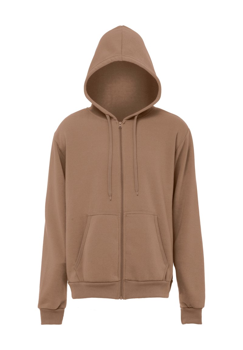 Brun zip-up hættejakke lavet af blødt stof, med hætte, forlommer og ribbestrikkede manchetter og kant. Farven er ensartet hele vejen igennem.