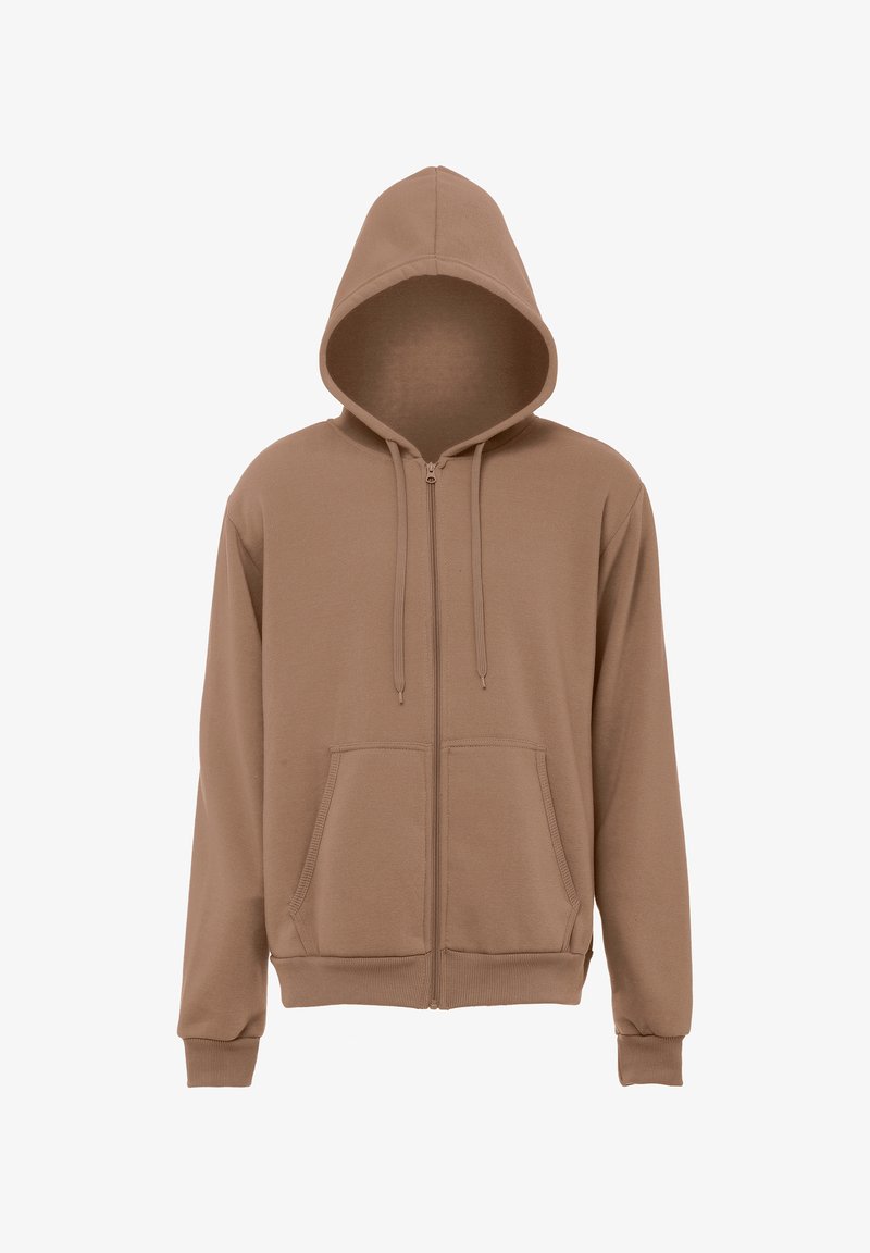 Bruine zip-up hoodie gemaakt van zachte stof, met een capuchon, voorzakken en ribgebreide manchetten en zoom. De kleur is gelijkmatig over het geheel.