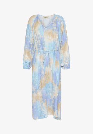 Lang, vloeiend kleed in lichtblauw en beige tie-dye print. V-hals, elastische mouwen en een tailleband voor een verstelbare pasvorm. Zachte stof.