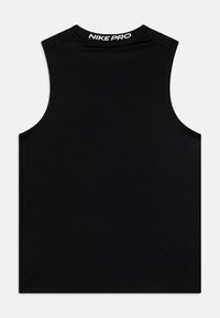 Svart ermeløs treningstopp med rund hals. Har en hvit "NIKE PRO" logo på baksiden. Glatt stoff og tettsittende design.