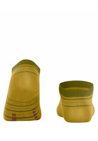 Gelbe Knöchelsocken mit grünen Streifen und lila Text. Das Material ist glatt, mit verstärkten Zehen und einem gerippten Bündchen für besseren Halt.