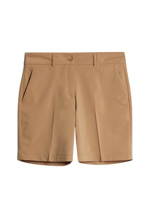 Khaki shorts made of smooth fabric, featuring a button closure, two front pockets, straight hem, and a small logo on the side.