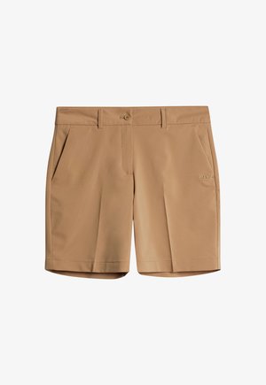 Khakifärgade shorts i slät tyg, med knappstängning, två framfickor, rak fåll och en liten logotyp på sidan.
