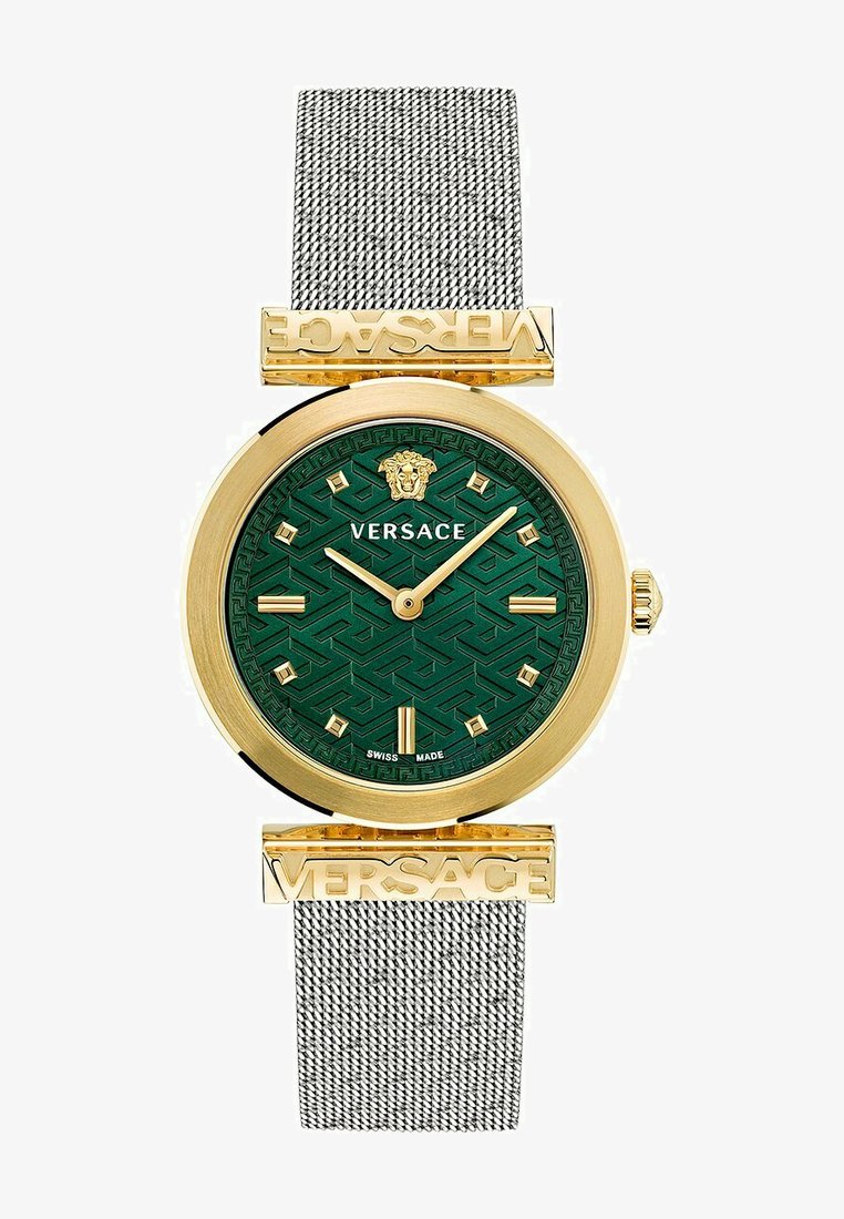Kuldne käekell rohelise mustriga dials, kuldsete aktsentidega ja hõbedase võrksidemega. "VERSACE" logo on selgelt esile toodud mõlemal küljel.