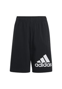 Pantalones cortos deportivos negros hechos de poliéster, con una cintura elástica y un gran logotipo blanco de Adidas en la parte inferior izquierda.