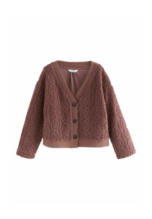 Braune Strickjacke mit einem strukturierten Muster, V-Ausschnitt, übergroßen Ärmeln und vier großen Knöpfen auf der Vorderseite.