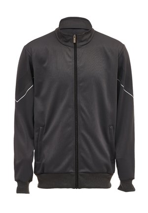Zwarte zip-up jacket met hoge kraag, gemaakt van glad materiaal, met witte accentstrepen en geribbelde manchetten. Twee zijzakken.