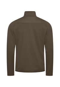 Braunes Langarmoberteil mit hohem Kragen. Glatte Textur und taillierte Passform. Nahtdetails sind an den Schultern und am Rücken sichtbar.