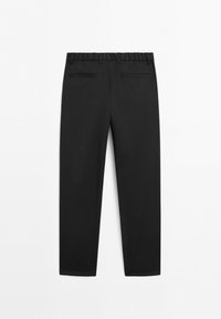 Black straight-leg trousers with elastic waistband, belt loops, and two back welt pockets, shown flat on white background.
