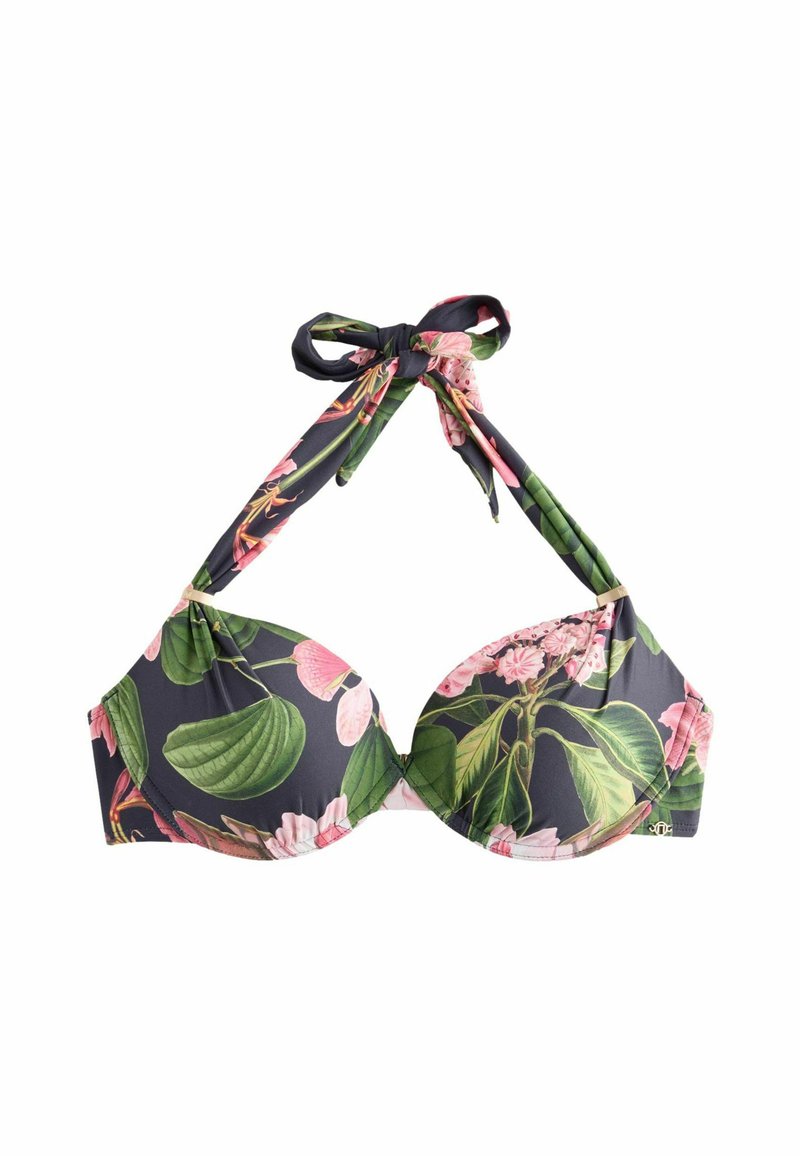 Bloemenbikini-top met een donkere achtergrond, gekenmerkt door grote roze en groene bladeren patronen, halterstrikken en gevormde cups voor ondersteuning.