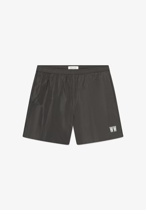 Shorts en nylon noir avec taille élastique, poches latérales et logo "WW" blanc sur la partie inférieure droite devant.