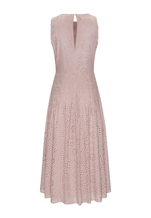 Pink dress with sleeveless design, featuring eyelet detailing and a pleated skirt. Back keyhole closure with a smooth texture.