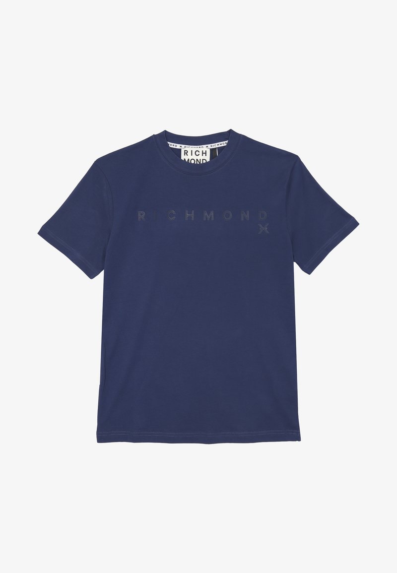 T-shirt in cotone blu navy con collo rotondo, maniche corte e un logo "RICHMOND" testurizzato sul petto. Design semplice e classico.