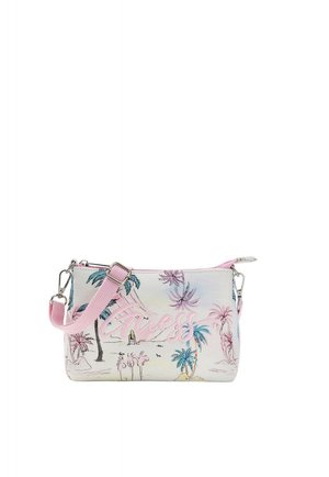 Petit sac rectangulaire blanc avec imprimé pastel de palmiers tropicaux, sangle rose réglable, fermoirs argentés et logo "Guess" sur le devant.