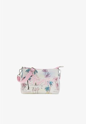 Petit sac rectangulaire blanc avec imprimé pastel de palmiers tropicaux, sangle rose réglable, fermoirs argentés et logo "Guess" sur le devant.