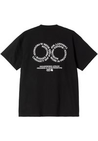 Camiseta de algodón negra con un gráfico circular y texto en blanco en la parte posterior, de mangas cortas y escote redondo.