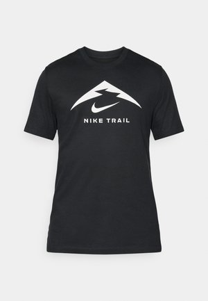 Black Nike Trail t-shirt featuring a white logo with an angular mountain and swoosh design. Short sleeves and a crew neckline. Soft fabric.