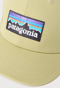 Απαλό λαδί πράσινο καπέλο μπέιζμπολ με κεντημένη μεταξοτυπία λογότυπου Patagonia που απεικονίζει περίγραμμα βουνού και πολύχρωμες ρίγες.