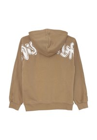 Felpa cappuccio marrone con testo astratto bianco sul retro. Tessuto morbido, polsini e orlo a costine, cappuccio staccato. Design semplice.