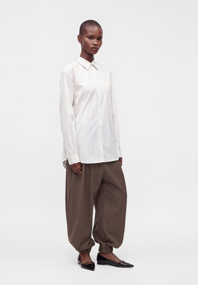 Personne portant une chemise blanche à fines rayures avec boutons, un pantalon marron ample resserré aux chevilles, et des ballerines noires pointues, debout sur un fond blanc.