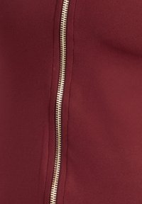 Vinröd plagg med en mjuk textur, som har en framträdande gyllene dragkedja längs sömmen för extra detalj.