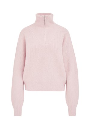 Pull rose clair avec un col haut, demi-zip, tissu texturé, épaules tombantes et coupe ample, comportant un motif diagonal subtil.