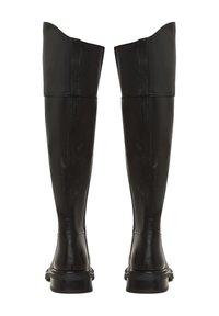 Black leather knee-high boots with a smooth texture, rounded toes, and a slight heel. Seams detail the front and sides.
