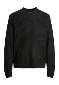 Black knitted sweater featuring a diamond pattern, v-neck, ribbed cuffs and hem. Made from textured fabric for warmth and comfort.