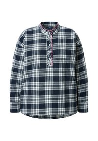 Langärmliges kariertes Hemd in Navy und Weiß mit Stehkragen, Knopfleiste und rosa dekorativen Stichen entlang des Kragens und der Knopfleiste.