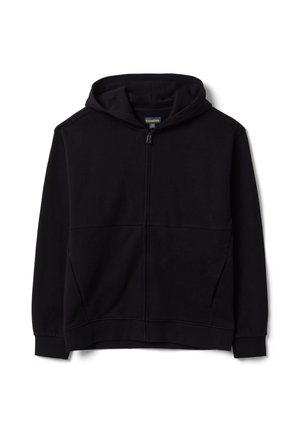 Zwarte zip-up hoodie met capuchon, lange mouwen, twee voorzakken en een klein logo label in de kraag.