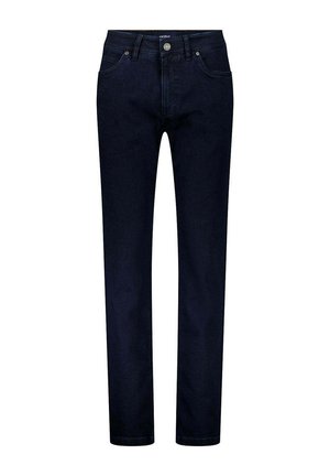 Dunkelblaue Jeans mit geradem Bein, Vordertaschen, Gürtelschlaufen und Knopfverschluss an der Taille.