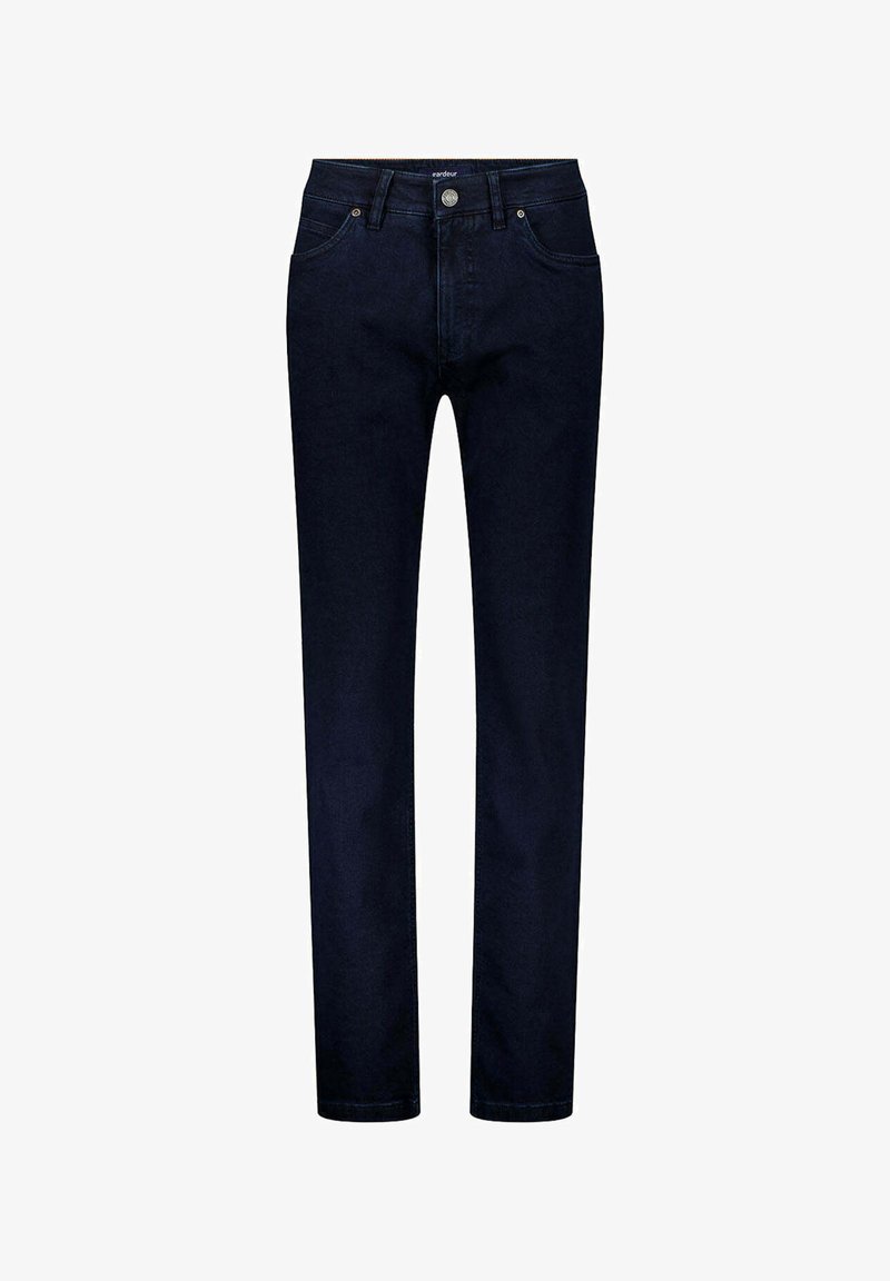 Dark blue straight-leg jeans with front pockets, belt loops, and a button closure at the waist.