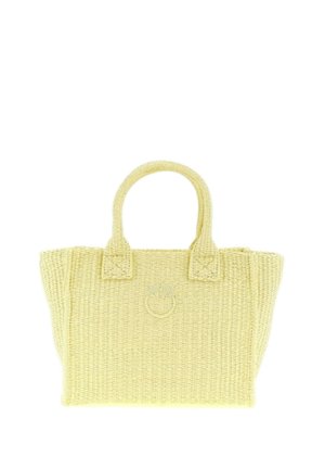 Kleine lichtgele geweven draagtas met korte afgeronde handgrepen en subtiel rond logo aan de voorkant in het midden.