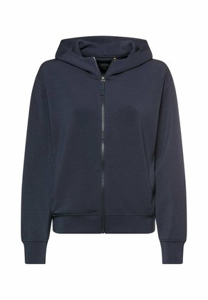 Marineblauer Kapuzenpullover mit durchgehendem Reißverschluss, Fronttaschen, langen Ärmeln und einer angepassten Kapuze, dargestellt vor weißem Hintergrund.